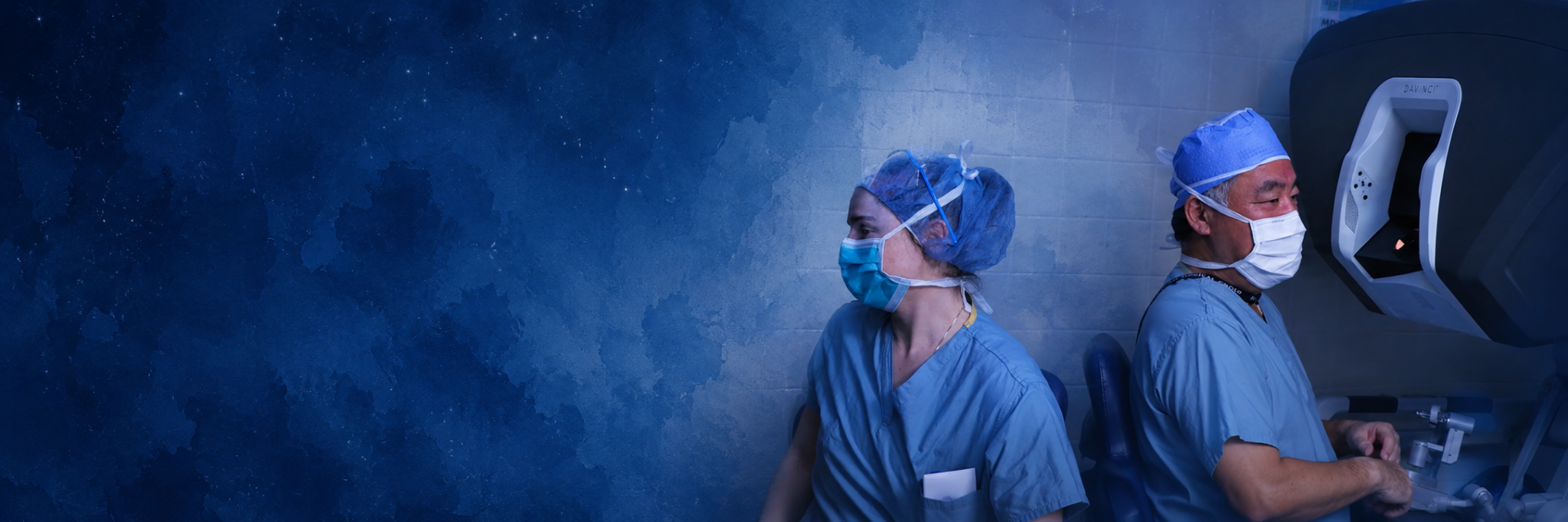 Research hero showing a robotic surgery setting with two surgeons at the console